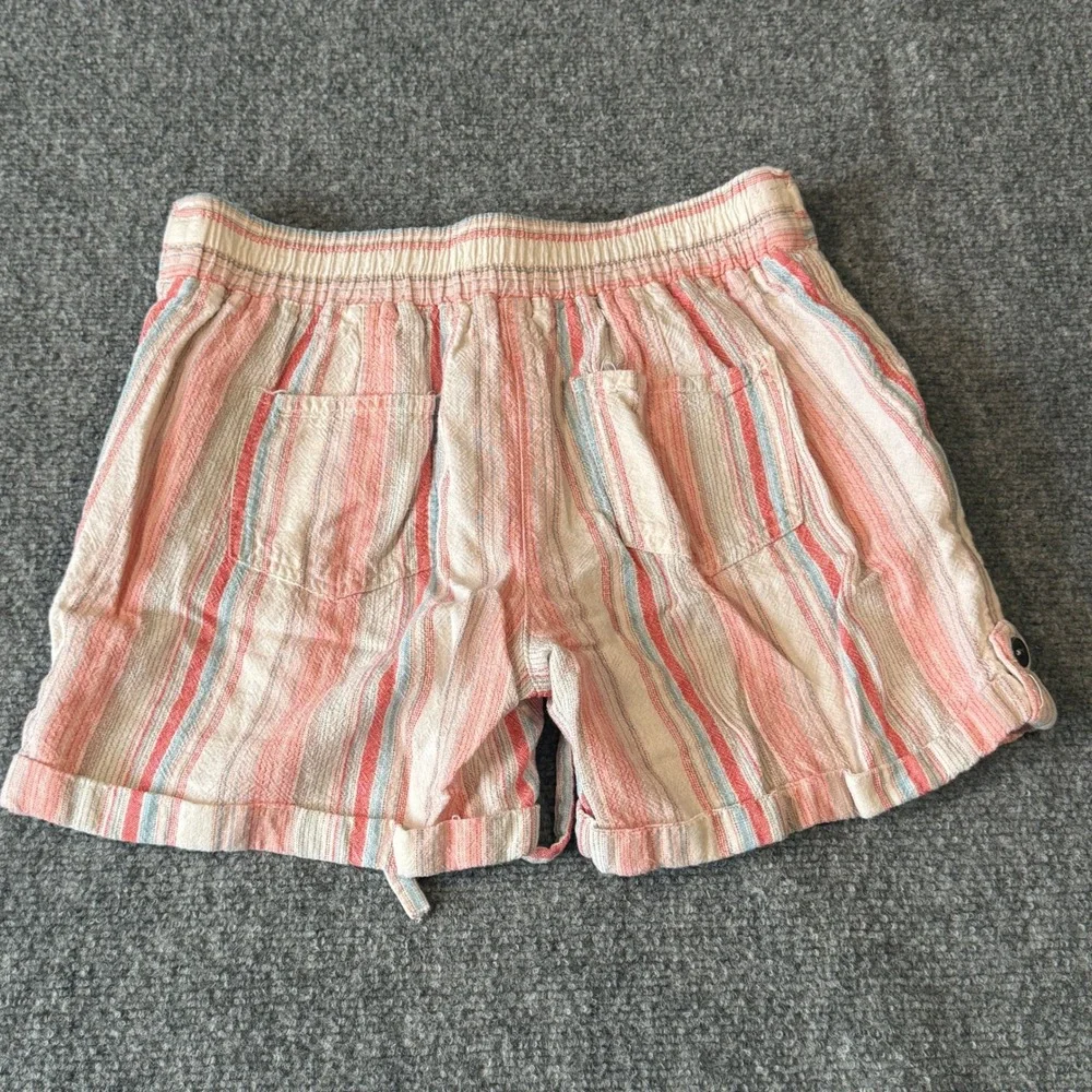 Per Se Linen Blend Striped Shorts Womens‎ Small Coral Blue Cuffed Drawstring